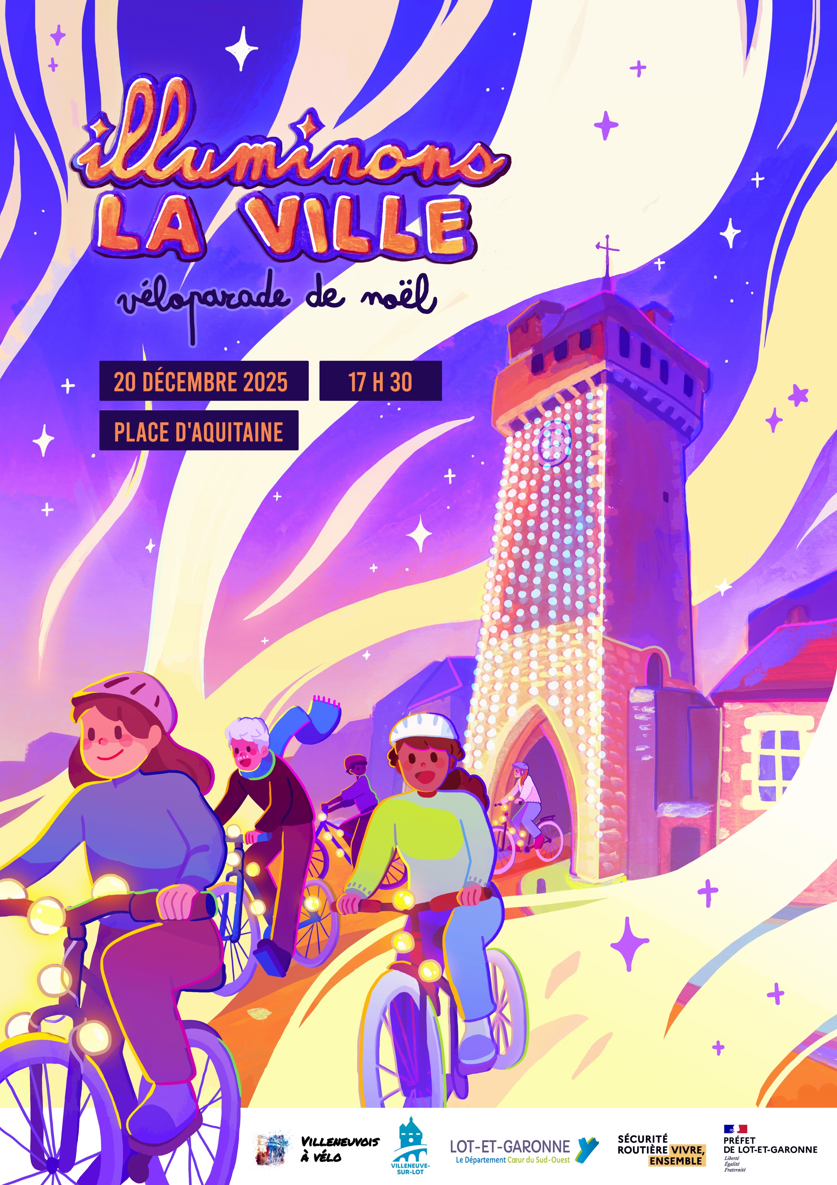 Affiche de la véloparade de Noël Affiche de la véloparade de Noël : des cyclistes passent sous la tour de Pujols enguirlandés.